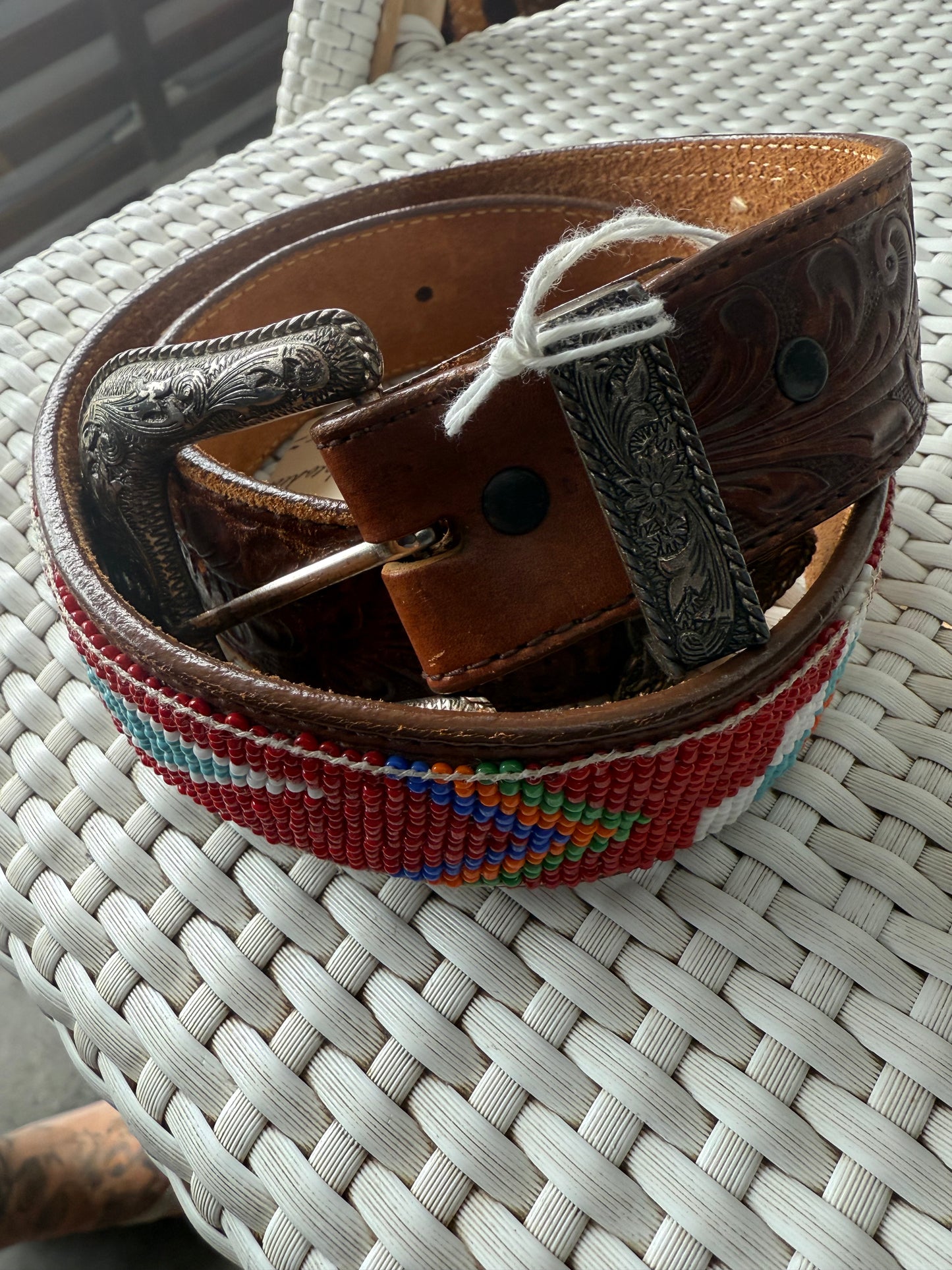 Vintage Leather Thunderbird Beaded Belt