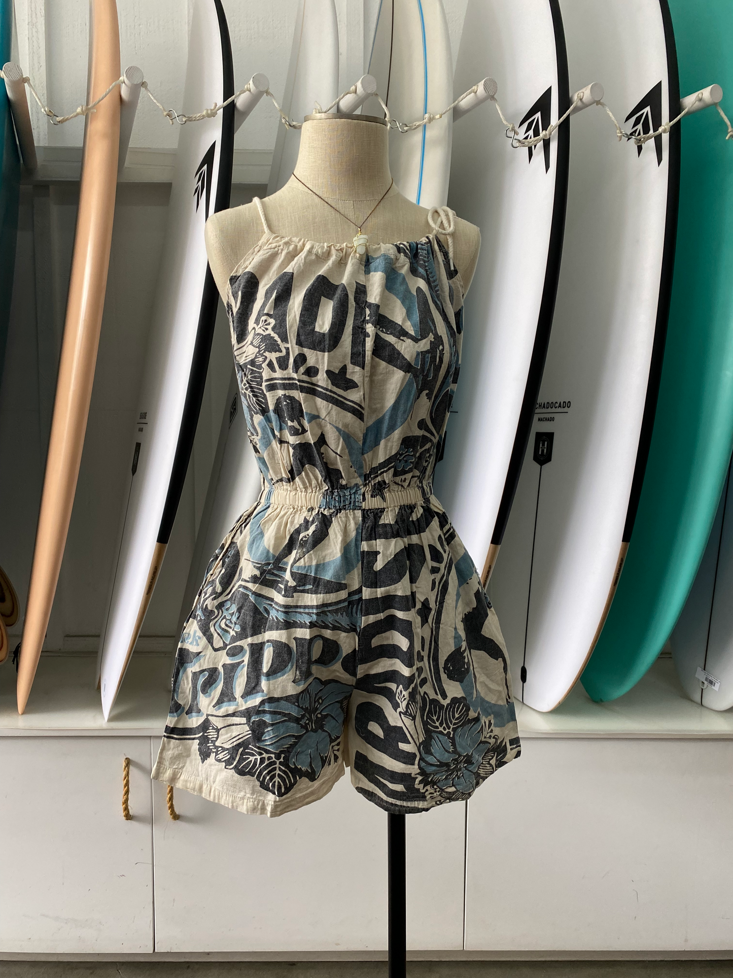 Vintage Print Fitted Romper with rope tie