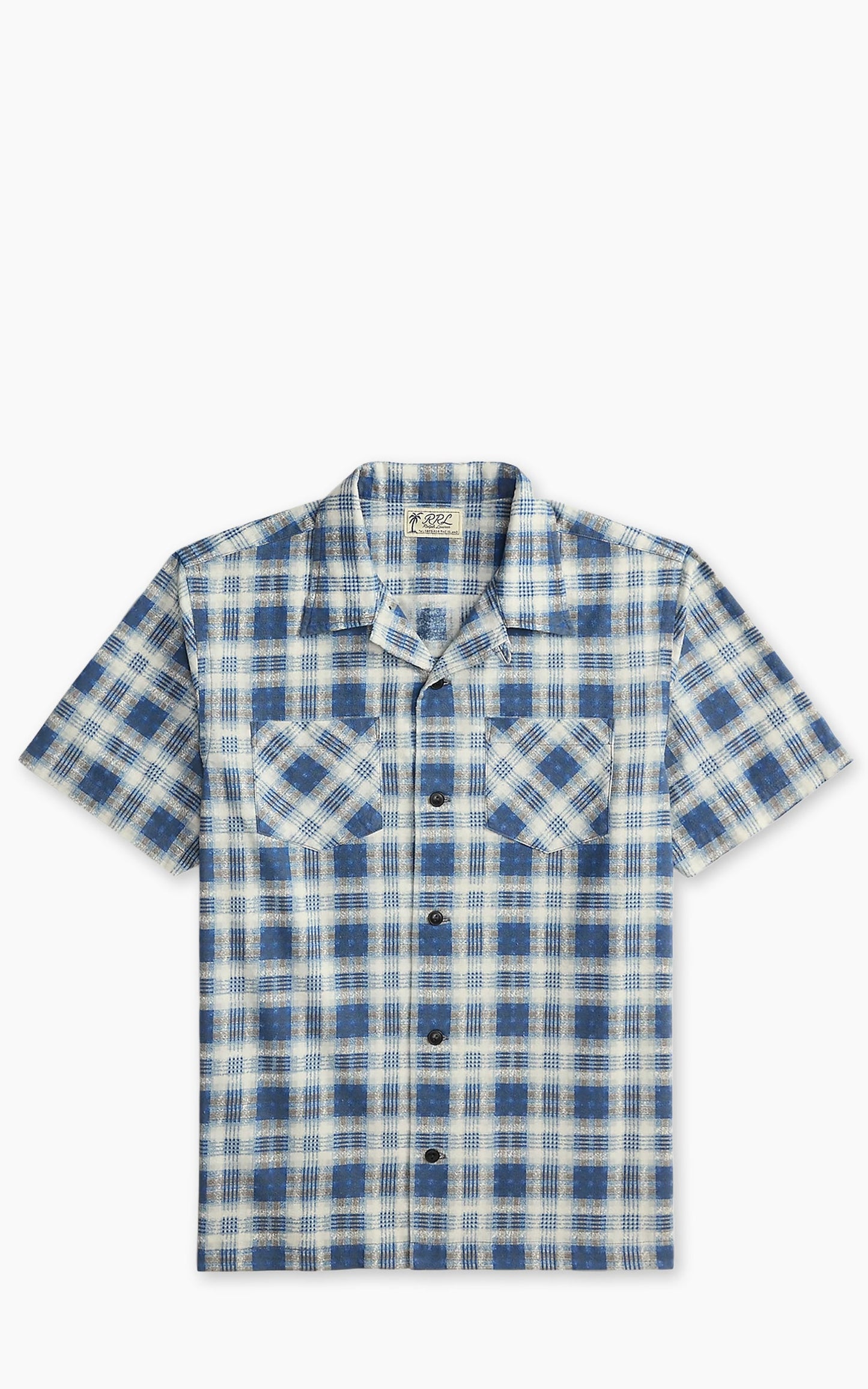 RRL PLAID-PRINT BRUSHED CAMP SHIRT INDIGO BLUE/BLACK