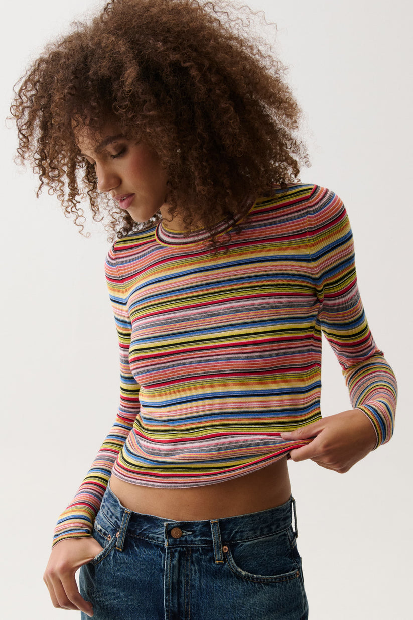 Madison Long Sleeve Crew Neck Sweater tee - Multi Stripe