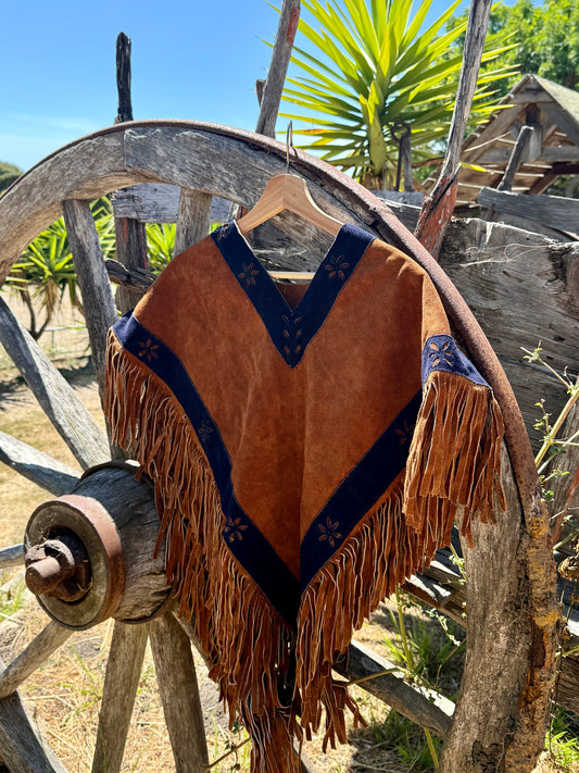 Vintage Suede Pancho - Indigo Hand Stamped Trim