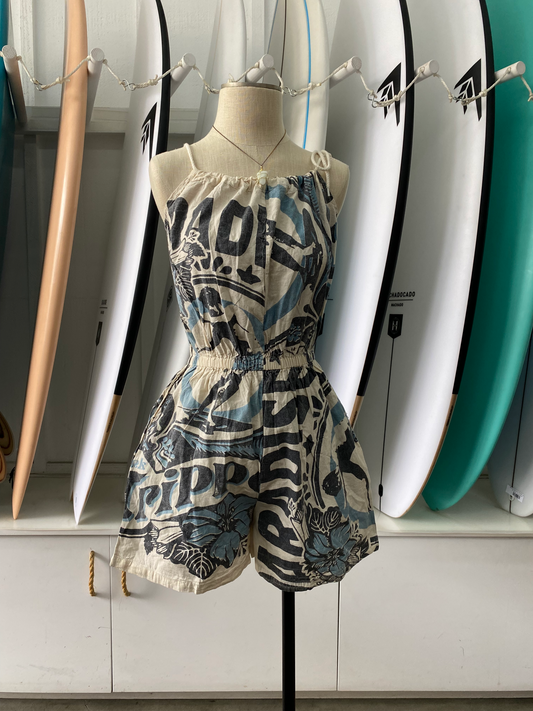 Vintage Print Fitted Romper with rope tie