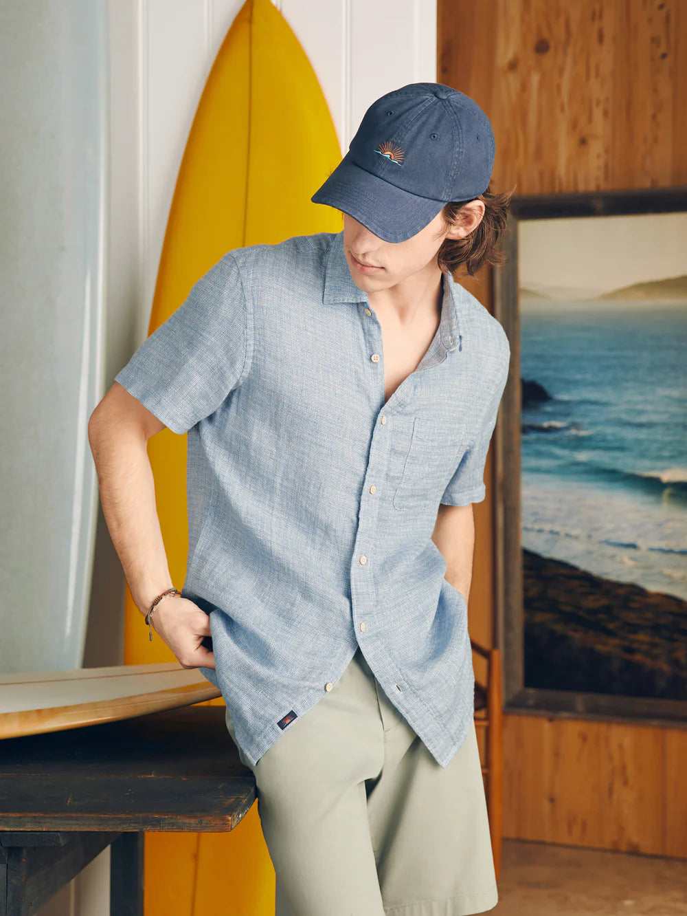 Short-Sleeve Palma Linen Shirt-Blue Basketweave